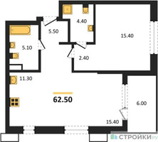 Планировка однокомнатной(квартира) площадью 62.5 квадратных метров в “ЖК Дзен-кварталы”