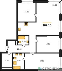 Планировка трехкомнатной(квартира) площадью 102.1 квадратных метров в ЖК “ЖК Moments (Моментс)”