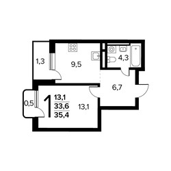 Планировка однокомнатной(квартира) площадью 35.4 квадратных метров в ЖК “Новые Ватутинки. Заречный”