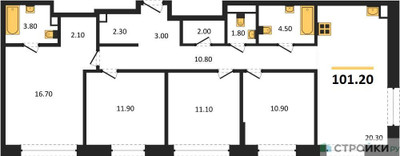 Планировка 4+ комнатной(квартира) площадью 101.2 квадратных метров в ЖК “ЖК Шагал”