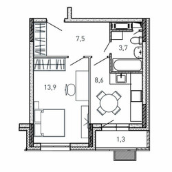 Планировка однокомнатной(квартира) площадью 35 квадратных метров в ЖК “ЖК Квартал Светлый”