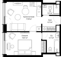 Планировка однокомнатной(квартира) площадью 44.4 квадратных метров в “ЖК Сити Бэй”