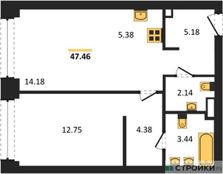 Планировка однокомнатной(квартира) площадью 47.45 квадратных метров в ЖК “ЖК NOVA (Нова)”