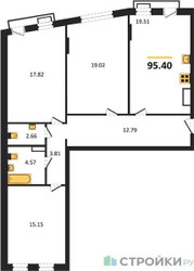 Планировка трехкомнатной(квартира) площадью 95.4 квадратных метров в ЖК “ЖК Эльйон”