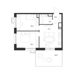 Планировка двухкомнатной(квартира) площадью 53.9 квадратных метров в ЖК “ЖК Форевиль”