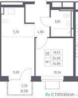 Планировка однокомнатной(квартира) площадью 34.86 квадратных метров в “ЖК Богдановский Лес”