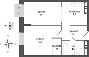 Планировка двухкомнатной(квартира) площадью 44.4 квадратных метров в “ЖК КИНОКВАРТАЛ”