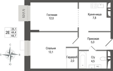 Планировка двухкомнатной(квартира) площадью 44.4 квадратных метров в ЖК “ЖК КИНОКВАРТАЛ”