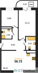 Планировка двухкомнатной(квартира) площадью 56.72 квадратных метров в ЖК “Ласточкино”