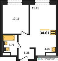 Планировка однокомнатной(квартира) площадью 34.61 квадратных метров в “ЖК ЭкоБунино (Южное Бунино)”
