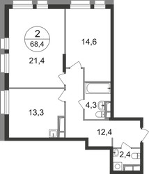Планировка двухкомнатной(квартира) площадью 68.4 квадратных метров в ЖК “ЖК Первый Московский”