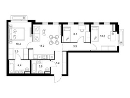 Планировка трехкомнатной(квартира) площадью 66.2 квадратных метров в “ЖК Зеленый парк”