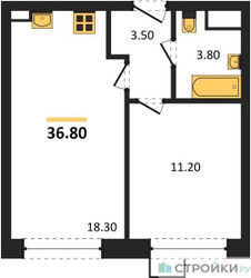 Планировка однокомнатной(квартира) площадью 36.8 квадратных метров в ЖК “ЖК Wave (Вейв)”