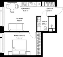Планировка однокомнатной(квартира) площадью 38.98 квадратных метров в “ЖК Веер”
