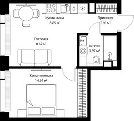 Планировка однокомнатной(квартира) площадью 38.98 квадратных метров в ЖК “ЖК Веер”