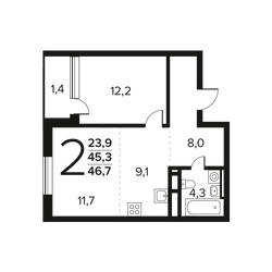 Планировка двухкомнатной(квартира) площадью 46.7 квадратных метров в ЖК “Новые Ватутинки. Заречный”