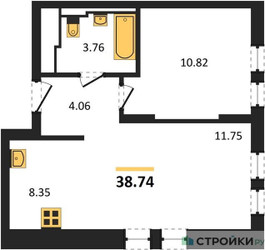 Планировка однокомнатной(квартира) площадью 38.74 квадратных метров в ЖК “ЖК Остафьево”
