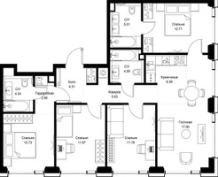 Планировка 4+ комнатной(квартира) площадью 97.41 квадратных метров в “ЖК СЕТ”