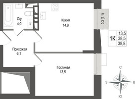 Планировка однокомнатной(квартира) площадью 38.5 квадратных метров в “ЖК КИНОКВАРТАЛ”