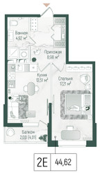 Планировка однокомнатной(квартира) площадью 46.63 квадратных метров в ЖК “ЖК Рига Хиллс”