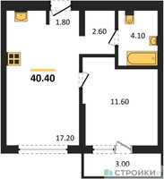 Планировка однокомнатной(квартира) площадью 40.4 квадратных метров в “ЖК Первый квартал”