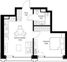 Планировка однокомнатной(квартира) площадью 39.2 квадратных метров в “ЖК СЕТ”