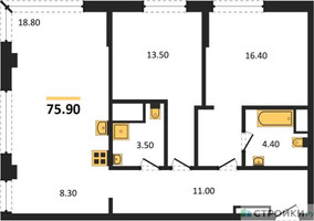 Планировка двухкомнатной(квартира) площадью 75.9 квадратных метров в “ЖК VERY на Миклухо-Маклая (Вери на Миклухо-Маклая)”