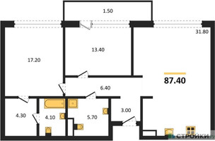Планировка двухкомнатной(квартира) площадью 87.4 квадратных метров в “ЖК Vnukovo Country Club (Внуково Кантри Клаб)”