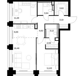 Планировка двухкомнатной(квартира) площадью 67.5 квадратных метров в ЖК “ЖК НОВА”