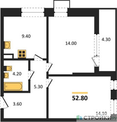 Планировка двухкомнатной(квартира) площадью 52.8 квадратных метров в ЖК “ЖК Прокшино”
