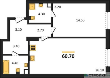 Планировка однокомнатной(квартира) площадью 60.7 квадратных метров в ЖК “ЖК Крылатская 33”