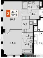 Планировка однокомнатной(квартира) площадью 52.3 квадратных метров в “ЖК Sydney City (Сидней Сити)”