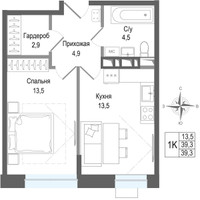 Планировка однокомнатной(квартира) площадью 39.3 квадратных метров в “ЖК КИНОКВАРТАЛ”