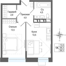 Планировка однокомнатной(квартира) площадью 39.3 квадратных метров в ЖК “ЖК КИНОКВАРТАЛ”