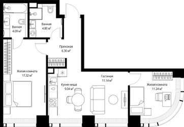 Планировка двухкомнатной(квартира) площадью 63.93 квадратных метров в ЖК “ЖК Веер”