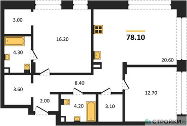 Планировка двухкомнатной(квартира) площадью 78.1 квадратных метров в ЖК “ЖК Шагал”