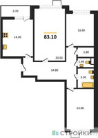 Планировка трехкомнатной(квартира) площадью 83.1 квадратных метров в “ЖК 1-й Южный (Первый Южный)”