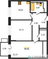 Планировка двухкомнатной(квартира) площадью 54.21 квадратных метров в “ЖК Егорово Парк”