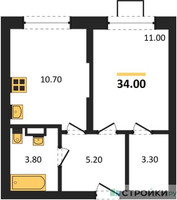 Планировка однокомнатной(квартира) площадью 34 квадратных метров в “ЖК Видный берег 2”