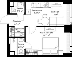 Планировка однокомнатной(квартира) площадью 36.67 квадратных метров в “ЖК Веер”