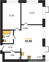 Планировка двухкомнатной(квартира) площадью 59.9 квадратных метров в “ЖК Skolkovo ONE (Сколково Уан)”