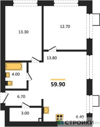 Планировка двухкомнатной(квартира) площадью 59.9 квадратных метров в ЖК “ЖК Skolkovo ONE (Сколково Уан)”