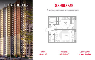 Планировка однокомнатной(квартира) площадью 36.66 квадратных метров в “ЖК Пехра”