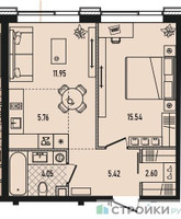 Планировка однокомнатной(квартира) площадью 45.3 квадратных метров в “ЖК Republic (Репаблик)”