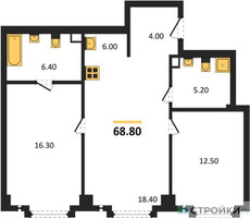 Планировка двухкомнатной(квартира) площадью 68.8 квадратных метров в “ЖК Мангазея на Тульской”