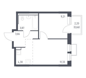 Планировка однокомнатной(квартира) площадью 33.03 квадратных метров в ЖК “ЖК Молжаниново”