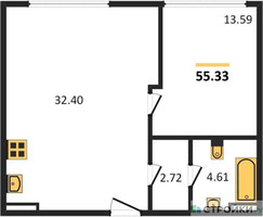 Планировка однокомнатной(апартаменты) площадью 54.9 квадратных метров в “ЖК CULT (Культ)”