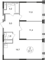 Планировка двухкомнатной(квартира) площадью 57.7 квадратных метров в “ЖК Первый Московский”