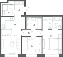 Планировка трехкомнатной(квартира) площадью 62.6 квадратных метров в “ЖК Равновесие”