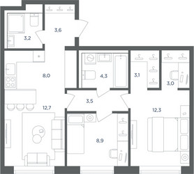 Планировка трехкомнатной(квартира) площадью 62.6 квадратных метров в ЖК “ЖК Равновесие”